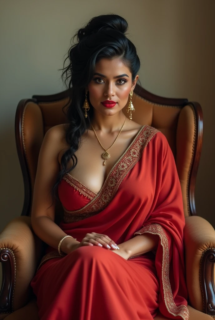 wolf cut hairstyle erotic hindu wife, sitting on chair, front facing, 4K, super realistic, huge breast, super big fake lips red lipstick super delicious body saree bra chubby body