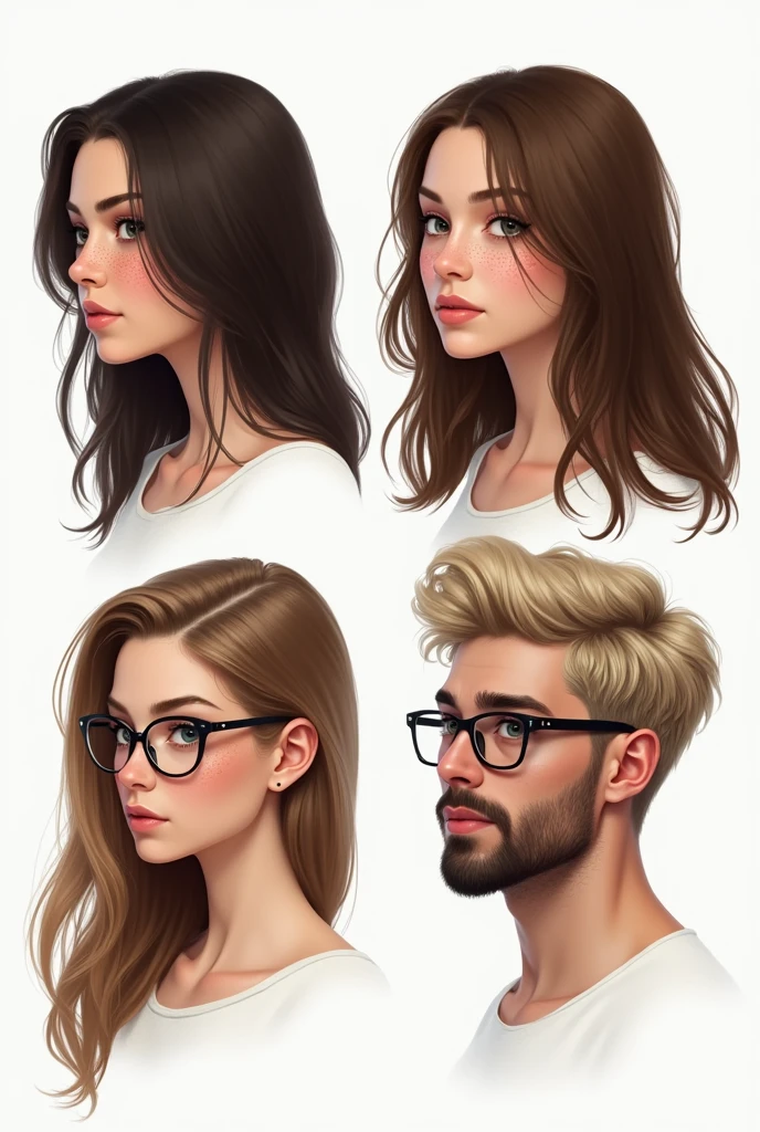 (photorealism:1.5)profile of a beautiful young woman with long dark brown hair, green eyes, and a lot of freckles. another profile of a young woman with long light brown hair, brown eyes and some freckles. another profile of a young pretty woman with straight long light blond hair, blue eyes and glasses. The last profile is of a young masculine chubby man with short kind of buzzcut blond hair, blue eyes, glasses and a beard. faces are looking into the camera, pretty small and loosely arranged on a white background 