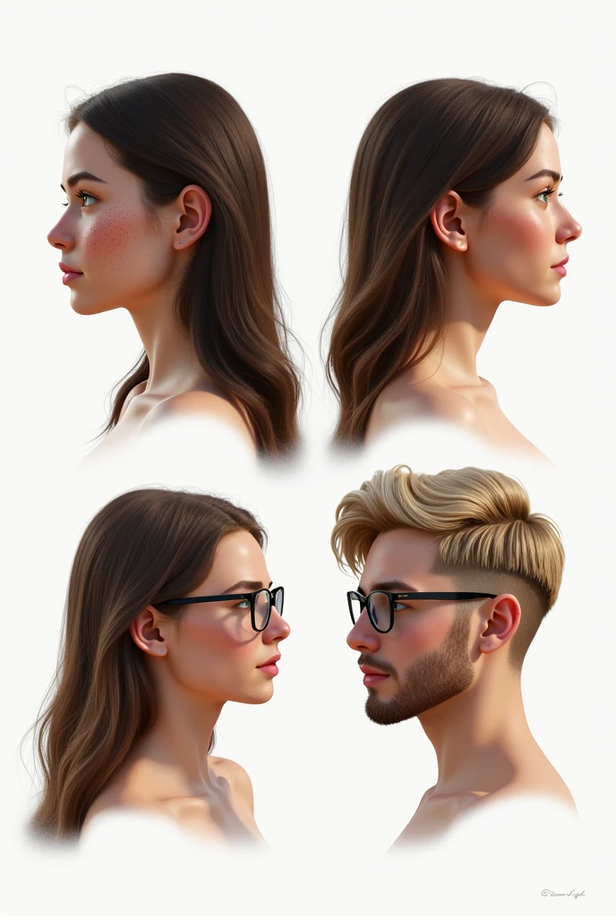 (photorealism:1.5)profile of a beautiful young woman with long dark brown hair, green eyes, and a lot of freckles. another profile of a young woman with long light brown hair, brown eyes and some freckles. another profile of a young pretty woman with straight long light blond hair, blue eyes and glasses. The last profile is of a young masculine chubby man with short kind of buzzcut blond hair, blue eyes, glasses and a beard. faces are looking into the camera, pretty small and loosely arranged on a white background
