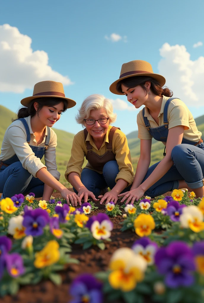 A blonde old woman and two brunette women planting pansies in the field