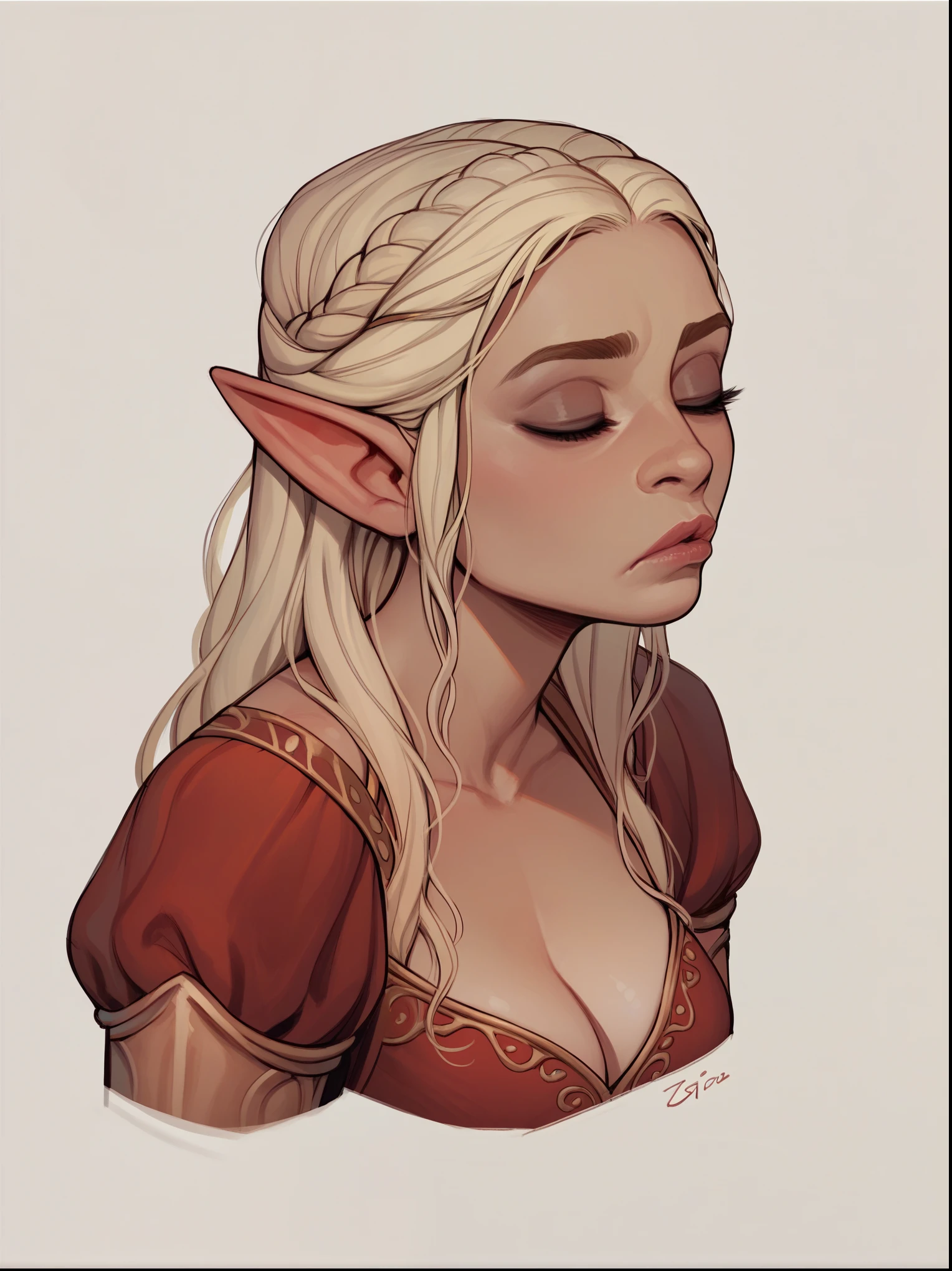 score_9, score_8_up,score_7_up, score_6_up, score_5_up, score_4_up, woman, best quality, highres, portrait, solo, beautiful, makeup, soft lips, daenerys (bored), large cleavage, beautiful red dress, (((simple background))), eyes closed, elf ears
