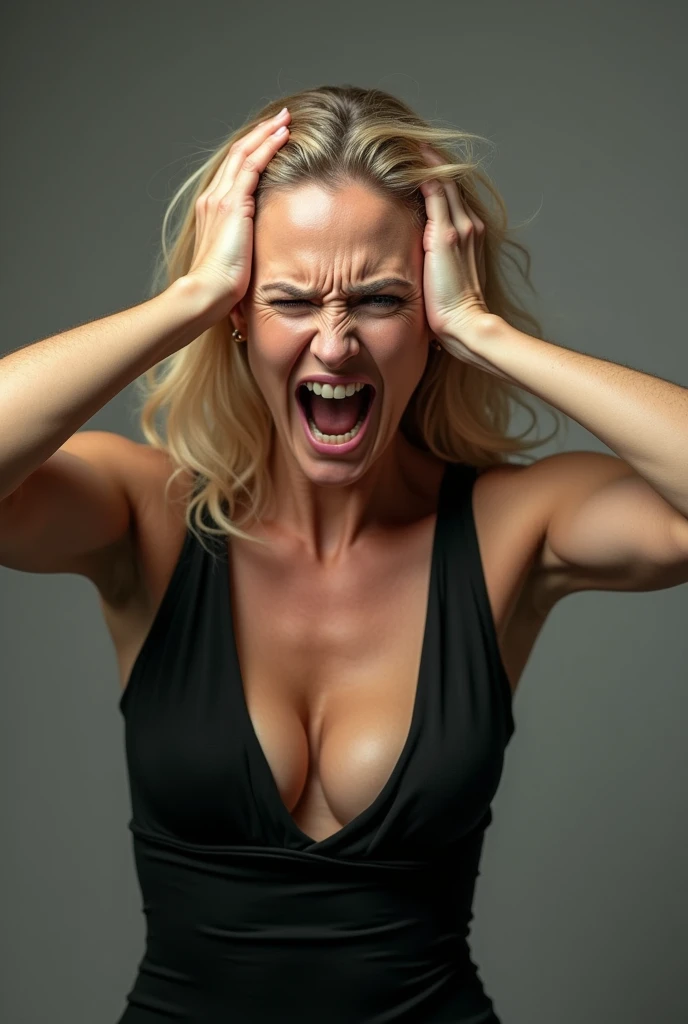 Beautiful blonde woman 40 years old with big breasts in a dress with a big neckline screams angry holds her head with her hands