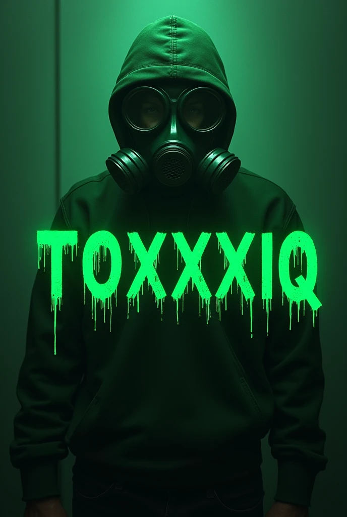 Writing,TOXXXIQ, in Poison green, font is horizontal, Writing ist in Großbuchstaben, TOXXXIQ with 3 x, writing is bloody, Gasmaske ist hinter der Writing, only gas mask, no body, no background