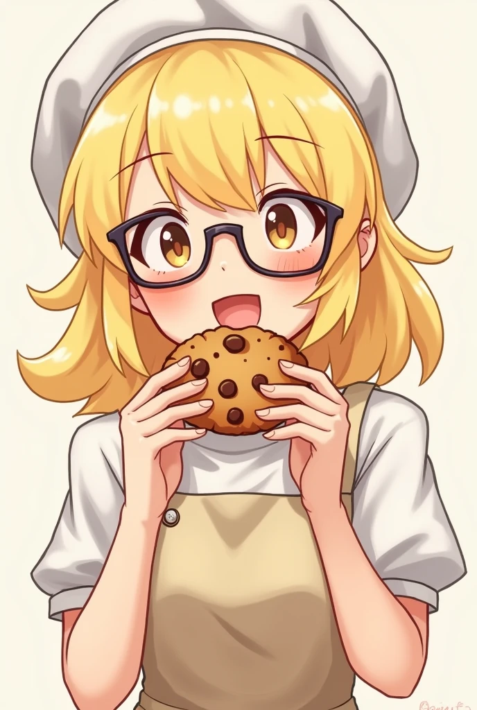 Drawing of a happy looking blonde baker wearing glasses eating a cookie, no back ground