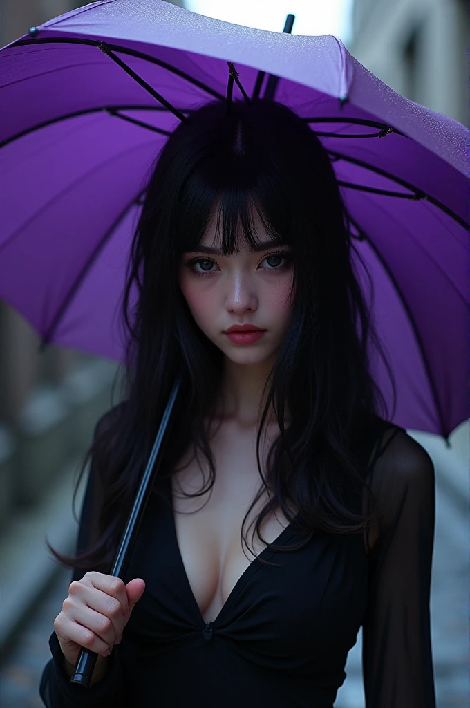 Black haired woman with a purple umbrella