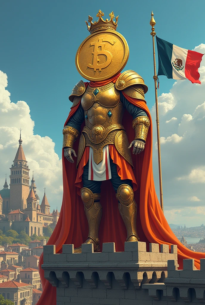 The king who has a very big head and looks like a coin and has orange armor and a beautiful crown is standing from the top of the castle looking at a big city with the inscription Mexc on its flag and the color of the flag of that land is dark blue. Next to the picture is written: it's $lumos time And at the top of the picture is written: kneel before the king