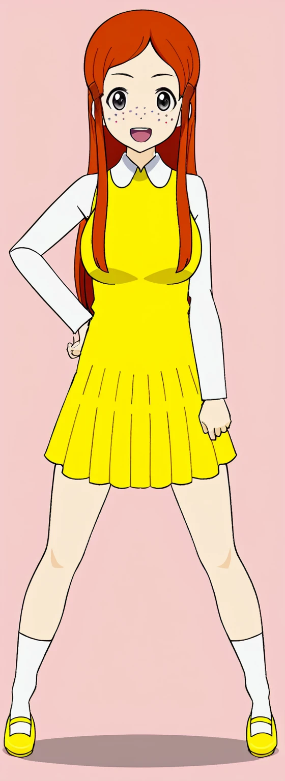 cartoon girl in yellow dress with white collar and yellow shoes, erza scarlet as a real person, aya takano color style, anime girl named lucy, inspired by Tsubasa Nakai, !!full body portrait!!, inspired by Tsuruko Yamazaki, rena nounen style 3/4, as an anime character, rei hino as a princess