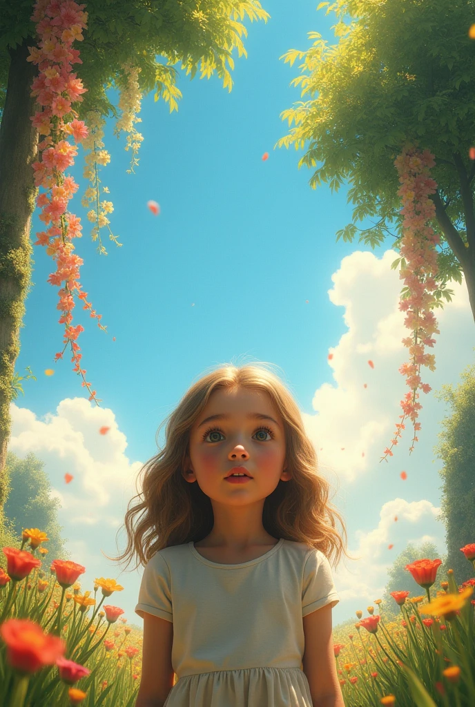 Can you visualize an image for a job?, of the movie "miracles from heaven" and the girl in front of the sky full of flowers and something around trees.
Realistic shape.