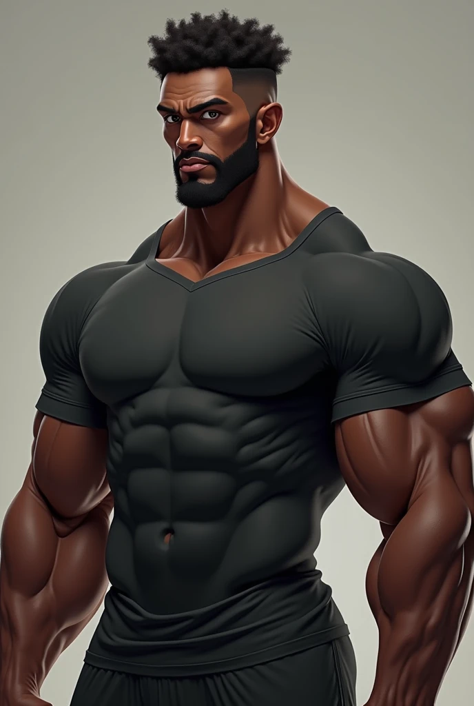 He is very muscular and has thick arms., wearing a tight t-shirt that shows off his muscles.、Black man with curly hair nudred short style。sem beard.