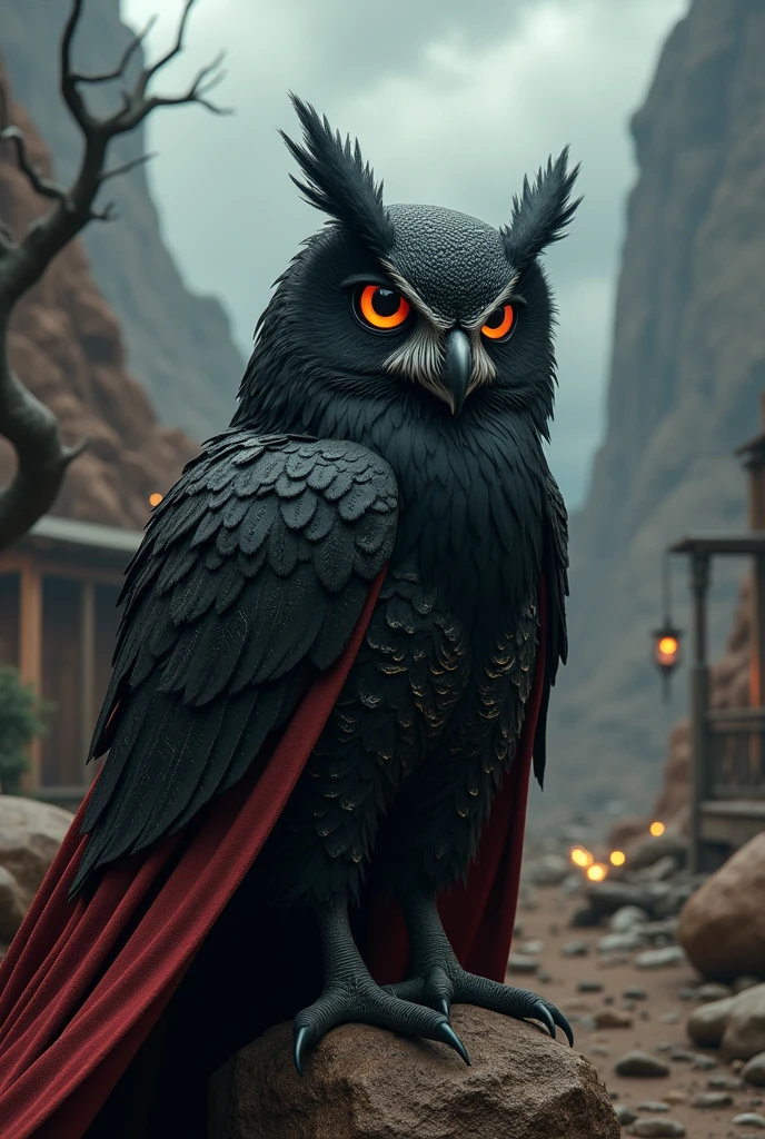 Grimdark surreal owl ultra detailed 3D effect ultra-detailed intricate insanely full HD resolution 4K, horror, black and red leather cape adventure, epic fantasy, western, wild west,