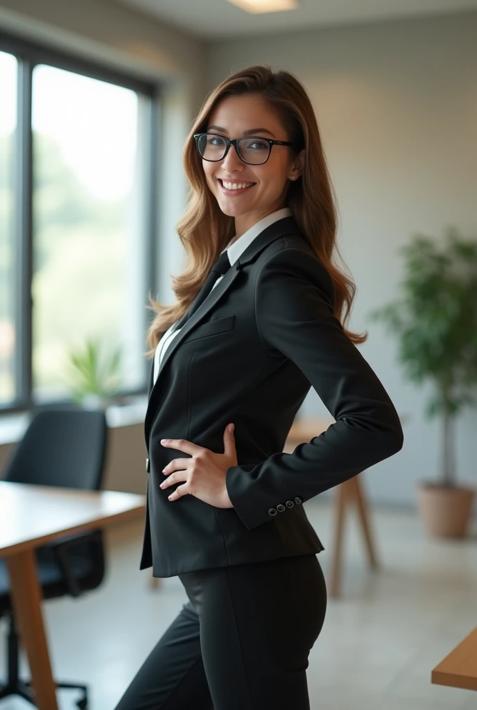 white girl with nerdy glasses wearing pant suit showing butt off in tight pants smiling