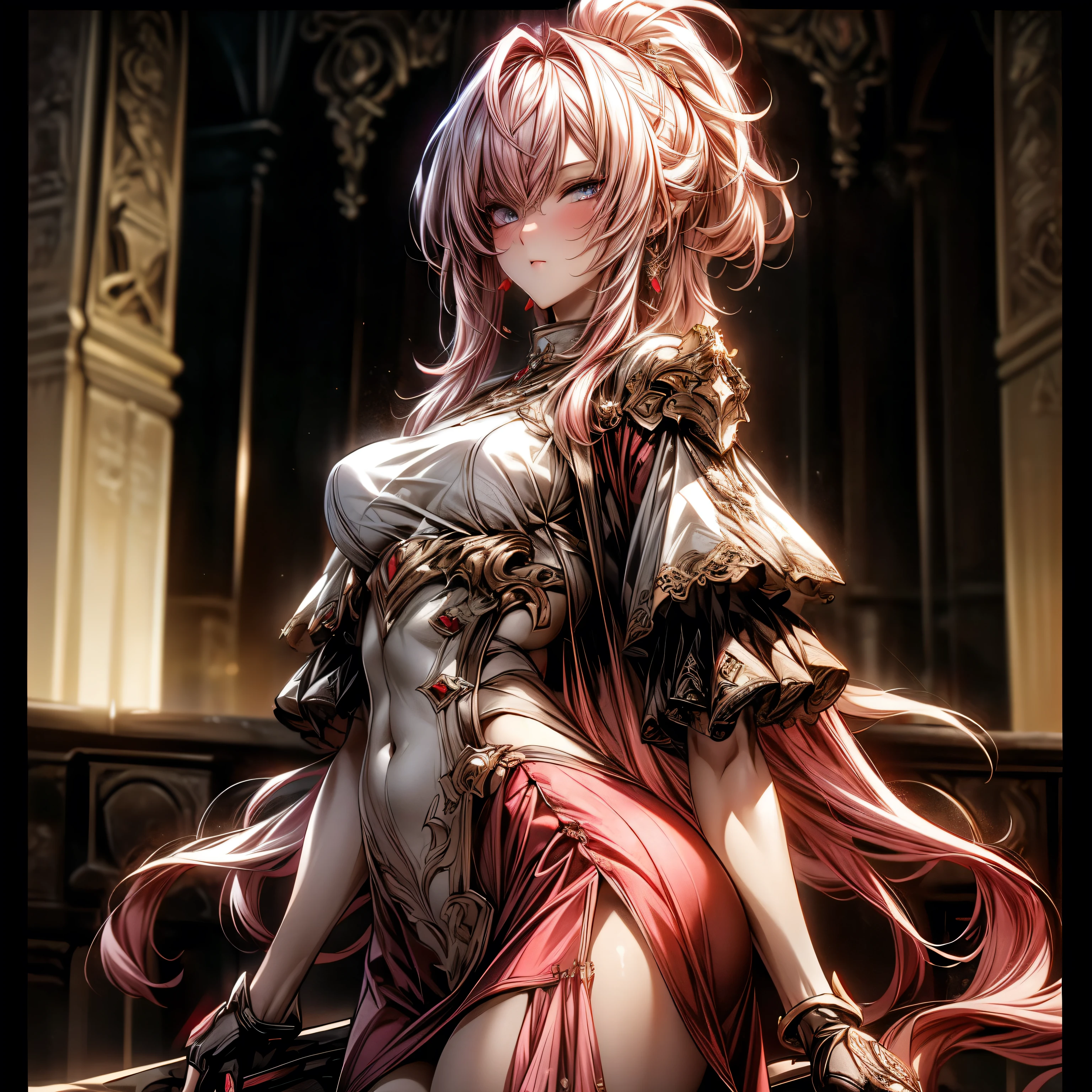 (best quality)), ((Masterpiece)), (details:1.4), 3d, HDR (high dynamic range), an image of a beautiful cyberpunk female, Cyberpunk, medieval, pink hair, Curtain Bangs, Hips up, Beautiful white eyes, จมูกโด่ง, ปากแดง, หน้าอกใหญ่, nvidia RTX, PBR surface, After processing, Anisotropic filtration,depth of field, Maximum clarity and clarity, multi-layered surface, Subsurface scattering, perfect proportions, 8K raw files, ultra detailed, Perfect proportions, volumetric lighting, soft lighting, Holy Paldin, Heavy Golden Armor, glossy skin, Castle background, jewely, ต่างหู, นิ้วมือสมบูรณ์, mini red skirt,