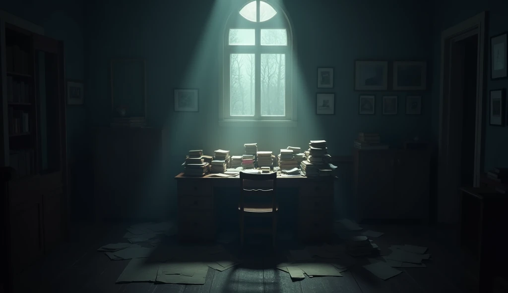 A dark room with a single window, light streaming in, illuminating a desk piled high with books and papers, representing the accumulation of revolutionary thoughts.