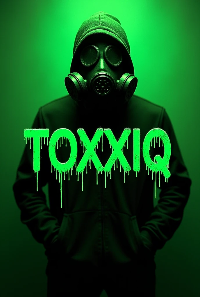 Writing,TOXXXIQ, in Poison green, font is horizontal, Writing ist in Großbuchstaben, TOXXXIQ with 3 x, writing is bloody, Gasmaske ist hinter der Writing, only gas mask, no body, no background, only gas mask
