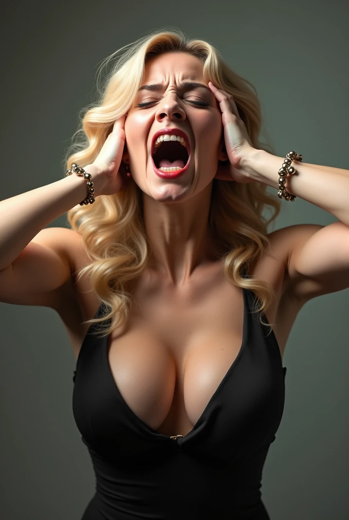 Beautiful blonde woman 40 years old with big breasts in a dress with a big neckline screams angry holds her head with her hands