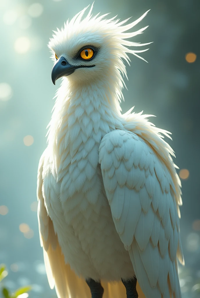 Mythical bird, with human body, size of an ordinary man, white feathers, Bright yellow eyes, quality 8k.