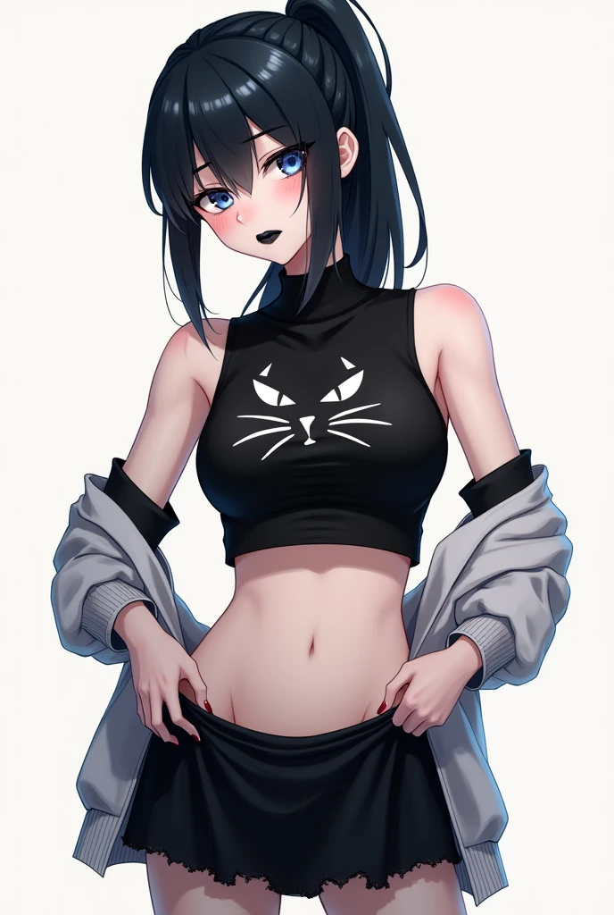 White skinned boy with black hair blue eyes with black painted lips wearing a black cat crop top and a black short skirt upset slightly blushing with his hair up in a ponytail lifting his skirt showing that he is a sexy man