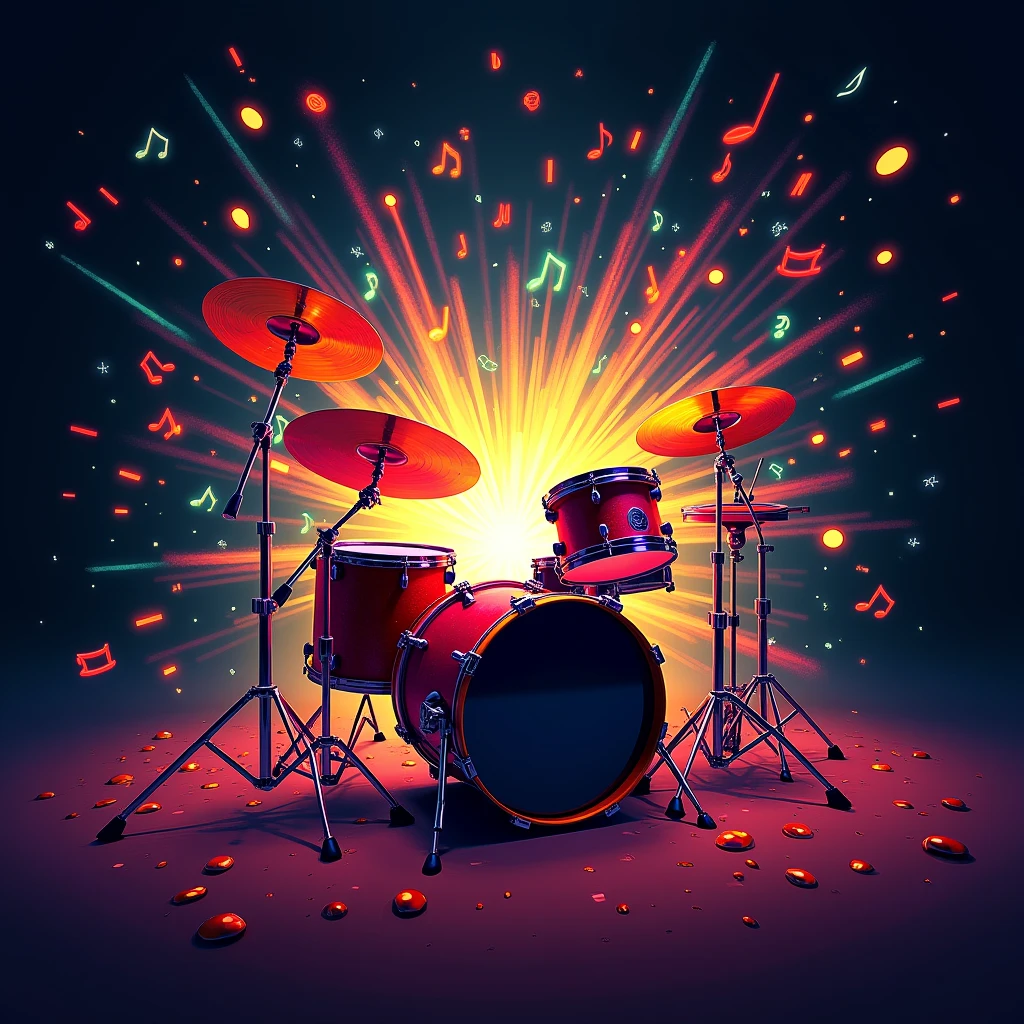 create the image of a very colorful drum kit with an explosion of musical notes.