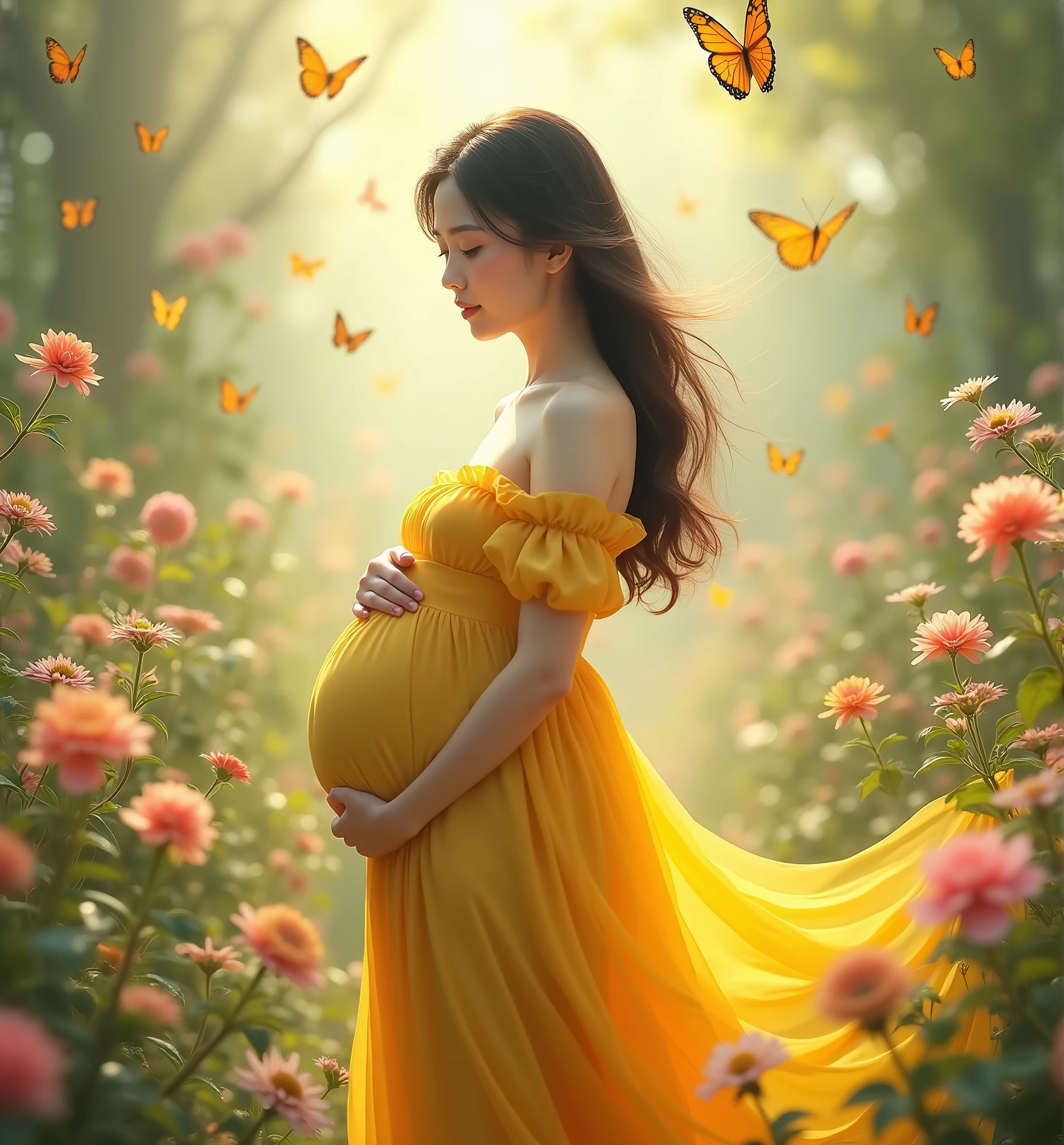 pregnant woman in yellow dress surrounded by butterflies and flowers,full body shot ,  a digital rendering inspired by Tang Yifen, shutterstock contest winner, conceptual art, maternal photography 4 k, full body portrait shot, award winning studio photo, full body photograph, full body portrait, color studio portrait, whole body photography, woman in flowers, portrait photo of a backdrop, korean artist