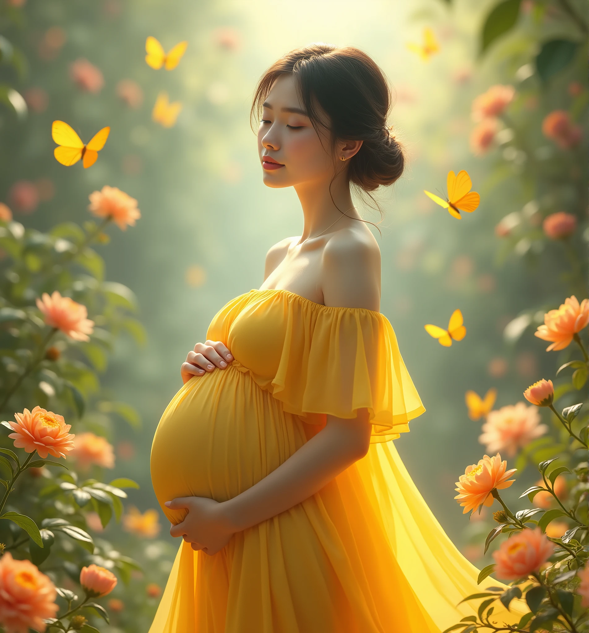 pregnant woman in yellow dress surrounded by butterflies and flowers,full body shot ,  a digital rendering inspired by Tang Yifen, shutterstock contest winner, conceptual art, maternal photography 4 k, full body portrait shot, award winning studio photo, full body photograph, full body portrait, color studio portrait, whole body photography, woman in flowers, portrait photo of a backdrop, korean artist