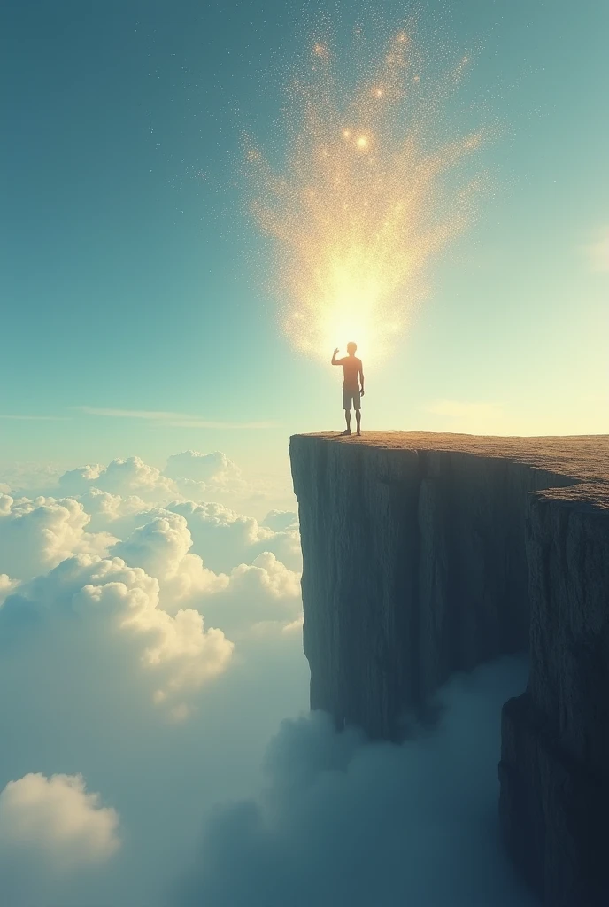 A person standing on a high cliff, throwing a large, heavy burden off the edge. As the burden falls, it disintegrates into light, symbolizing the release of worries through faith. The sky is clear, representing freedom and relief -ar16:9.