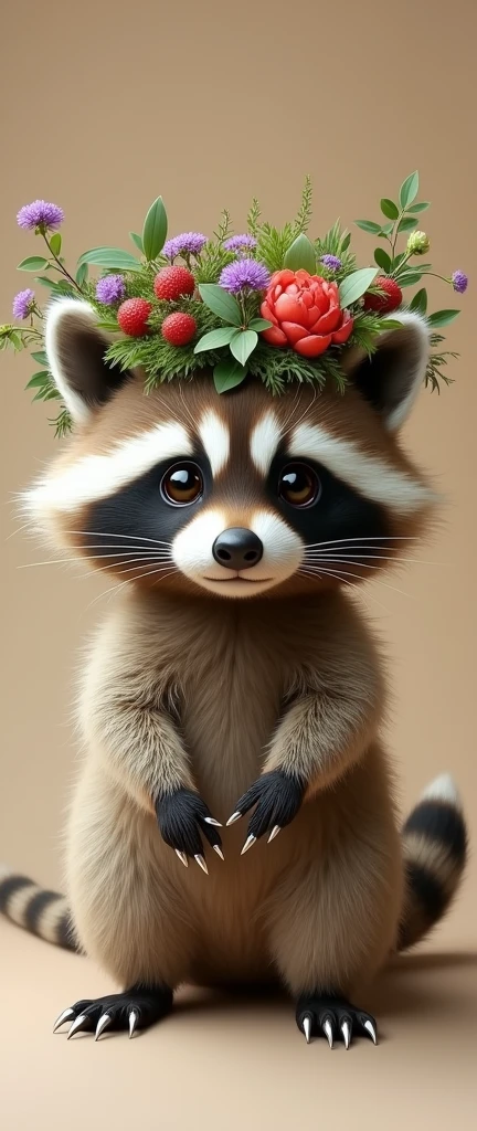 A photo of an extra fluffy baby raccoon with large, expressive eyes. The raccoon is wearing a crown made of various plants and flowers, including red berries, green leaves, and purple flowers. The raccoon is standing upright and its hands have been modified with claw-like extensions. The background is a muted beige color. The raccoon is the primary focus of the image and is centered in the frame.