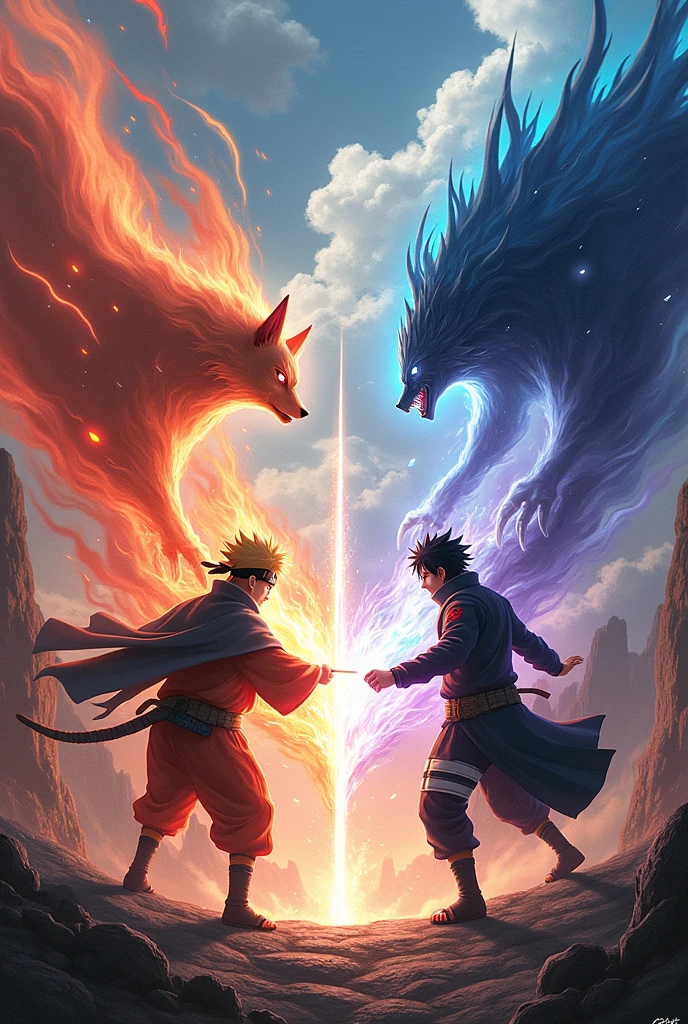 Naruto & sasuke with kurama & susano with rasenshureken and chidori with red, orenge,blue, purple colour