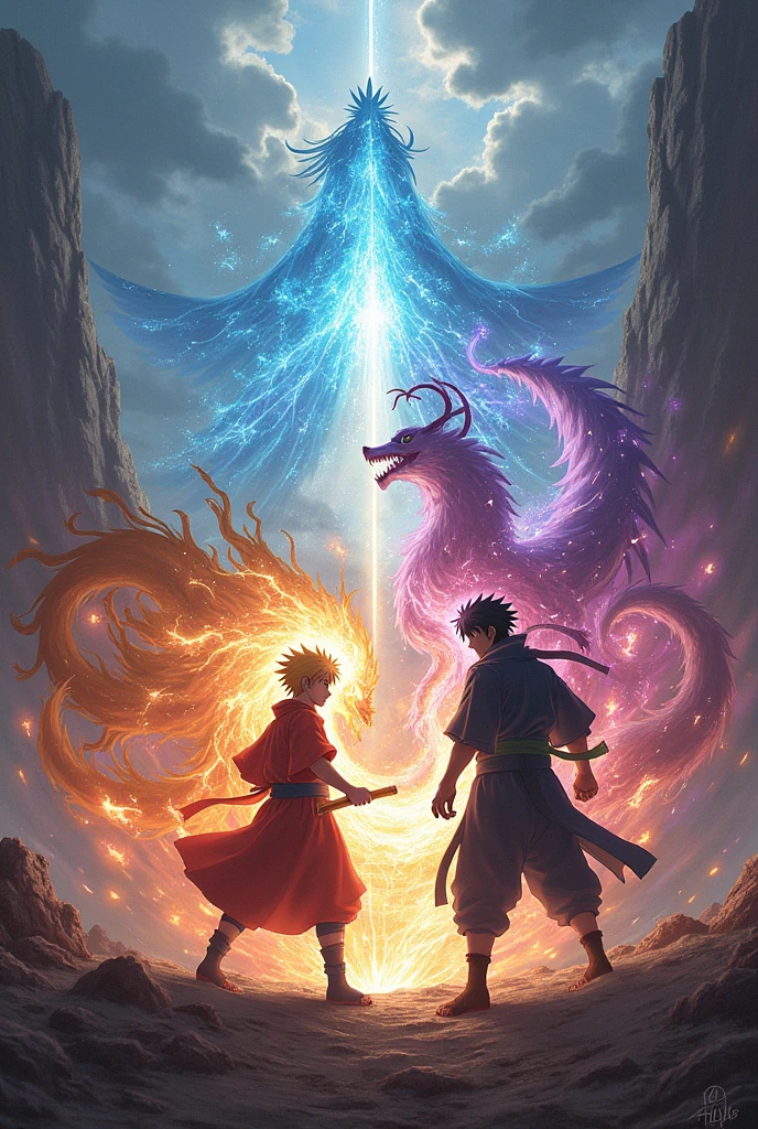 Naruto & sasuke with kurama & susano with rasenshureken and chidori with red, orenge,blue, purple colour