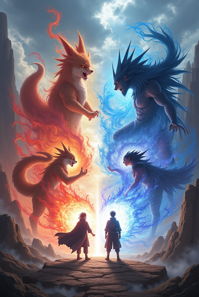 Naruto & sasuke with kurama & susano with rasenshureken and chidori with red, orenge,blue, purple colour