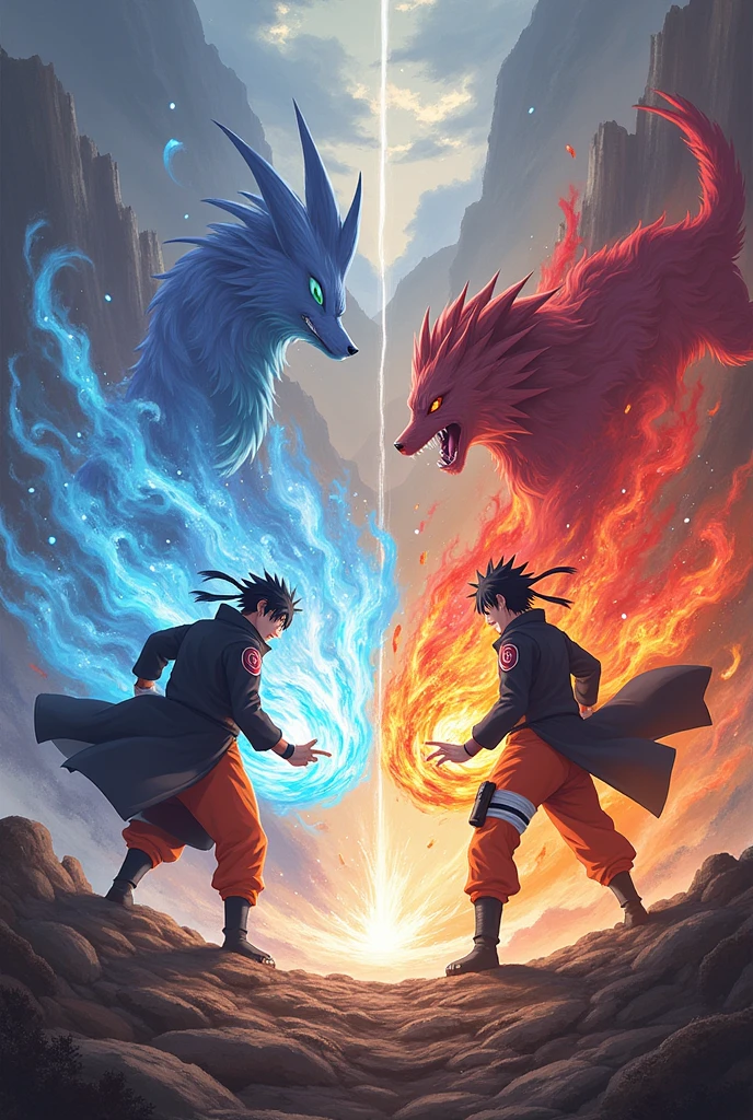 Naruto & sasuke with kurama & susano with rasenshureken and chidori with red, orenge,blue, purple colour