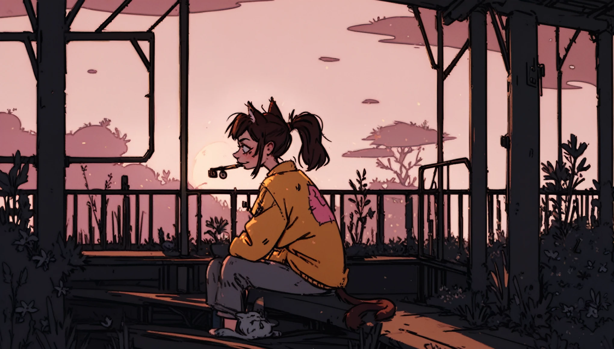 score_9, score_8_up, score_7_up, score_6_up, score_5_up, score_4_up, By Samara03, A girl sitting on a bench in an abandoned train station holding a guitar, wearing a T-yellow shirt with a pink kitty stamp on it, brown hair in a ponytail grainy texture, warm lighting, dramatic slanted lighting, afternoon, plants everywhere, cat sitting in the rubble, slice of life aeshthetic, wallpaper, 4k resolution, use of golden ratio, green and golden color scheme with blue undertones.