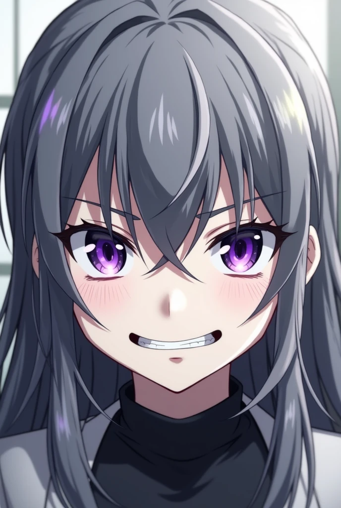 Japanese anime style girl, violet eyes, smug smile, gray/black hair, White face, And very angry with, with his eyes playing, preparing for a fight Very pale face close to white
Fighting