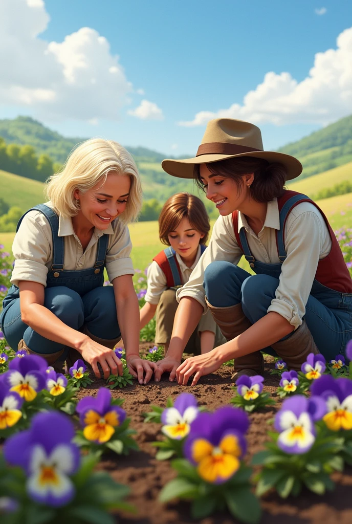 A blonde old woman and two brunette women planting pansies in the field
