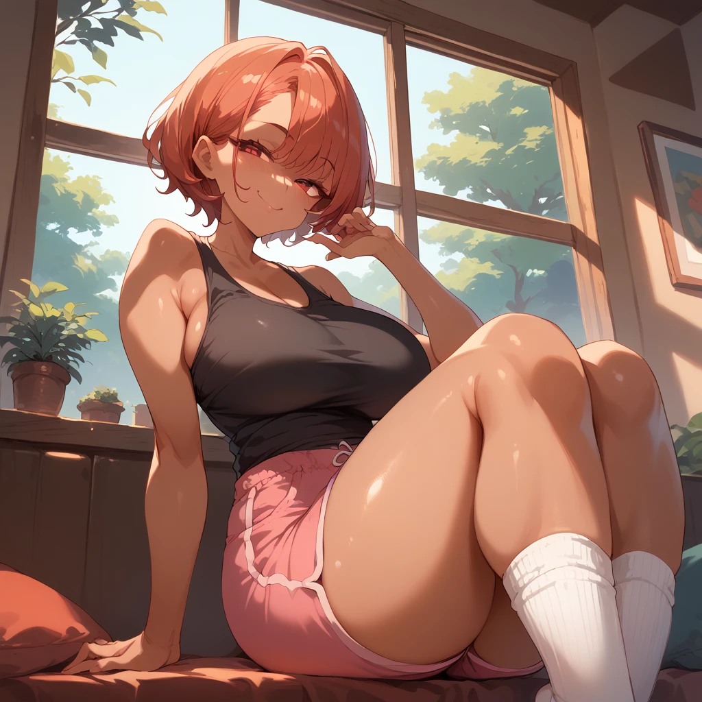 MILF, red bold pixie hair, red eyes, big breasts, thick thighs, smug face, tight pink shorts, black tank top, sitting on her knees, brown tanned skin, bedroom without window background, long white socks 