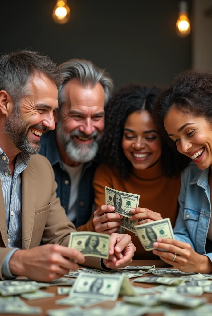 Create a image on 2 usa men and 2 usa women Counting US Dollars  looks real with smile