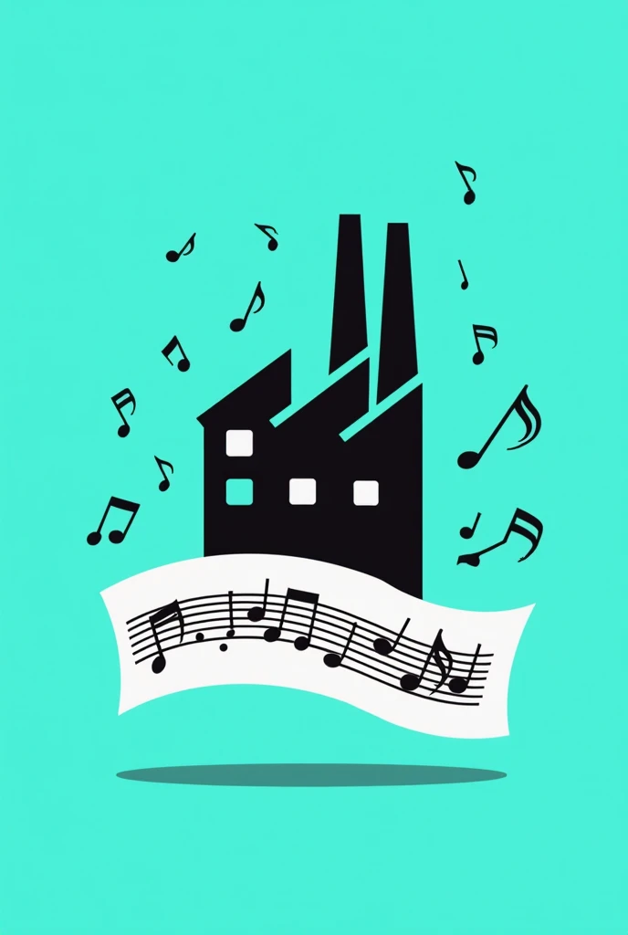 A black icon of a simple factory with 3 roofs and 3 speakers inside the factory representing the windows and the chimney should come out of a sheet of music with musical notes and the treble clef. The background should be solid turquoise..