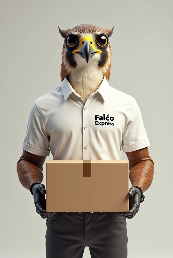 A responsible looking humanoid falcon holding a delivery box with a white shirt saying Falcão express
