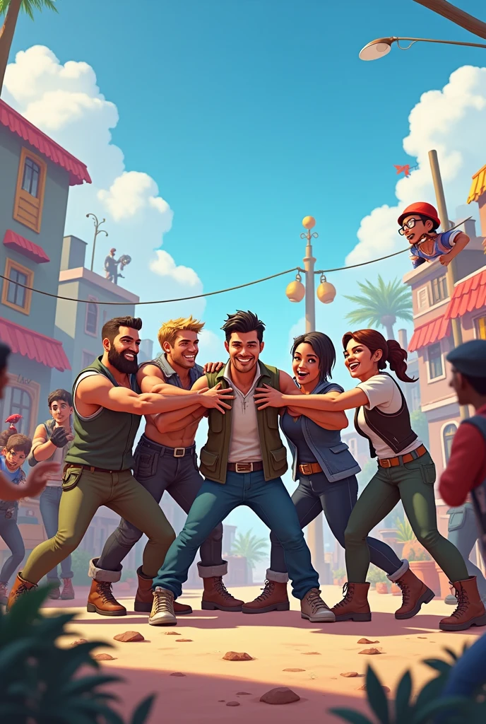 Make a funny and funny image about the free fire game where several people appear giving each other a wall