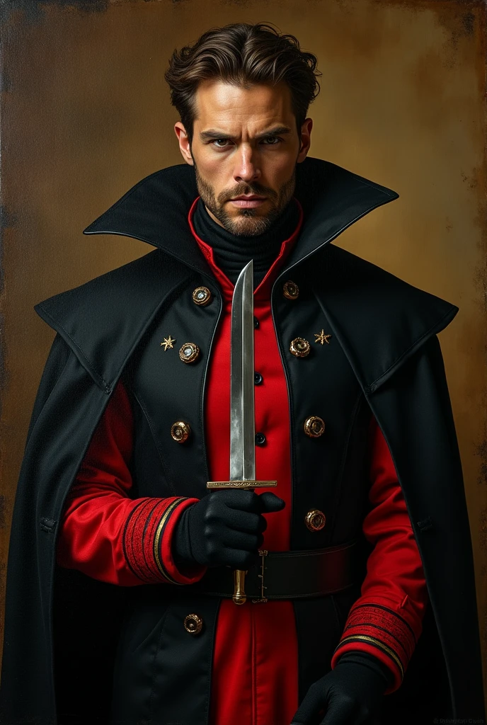 a painting of a man in a black and red outfit holding a knife, Machiavellian, inspired by Giovanni Bernardino Mazzolini, inspired by Giovanni Bernardino Azzolini, inspired by Mariotto Albertinelli, inspired by Ridolfo Ghirlandaio, inspired by Jacopo de' Barbari, Premiere of the Italian Work, Renaissance painting of man, top quality photo