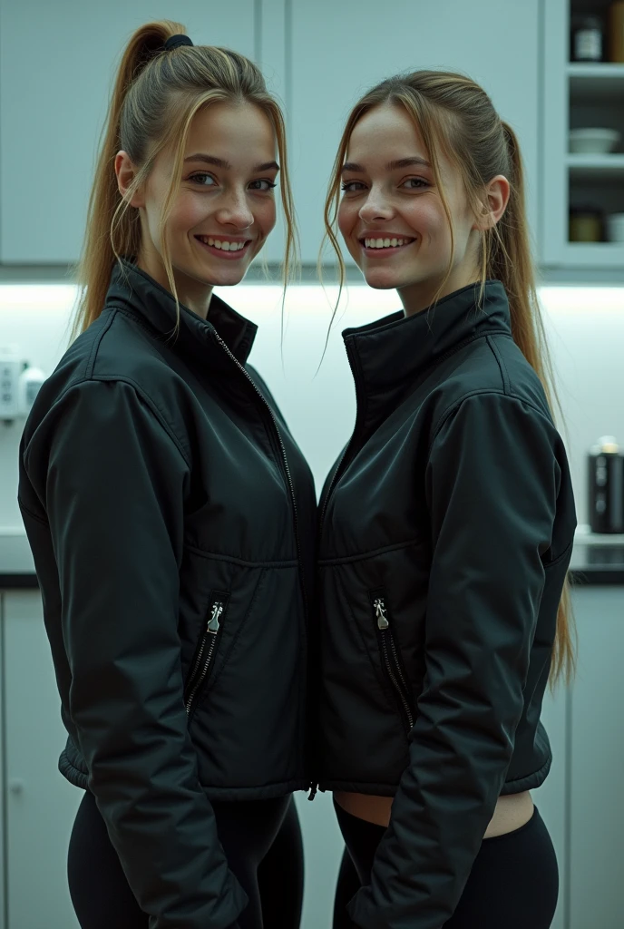SWEATY 2 WHITE CAUCASIAN WOMAN SMILING, WEARING COLLEGE UNIFORM, BLACK PUFFER JACKET, BLACK SHINY TRAINERS, MODELLING, IN KITCHEN, photorealistic, medium shot, intricate, very coherent, futuristic, summer, , (cyberpunk:1.2), cinematic film still, lights, noir, ultramodern, dystopian, (sleek), cybernetic, Gustav Klimt, (Lillian Bassman, Erwin Blumenfeld), Katsuhiro Otomo