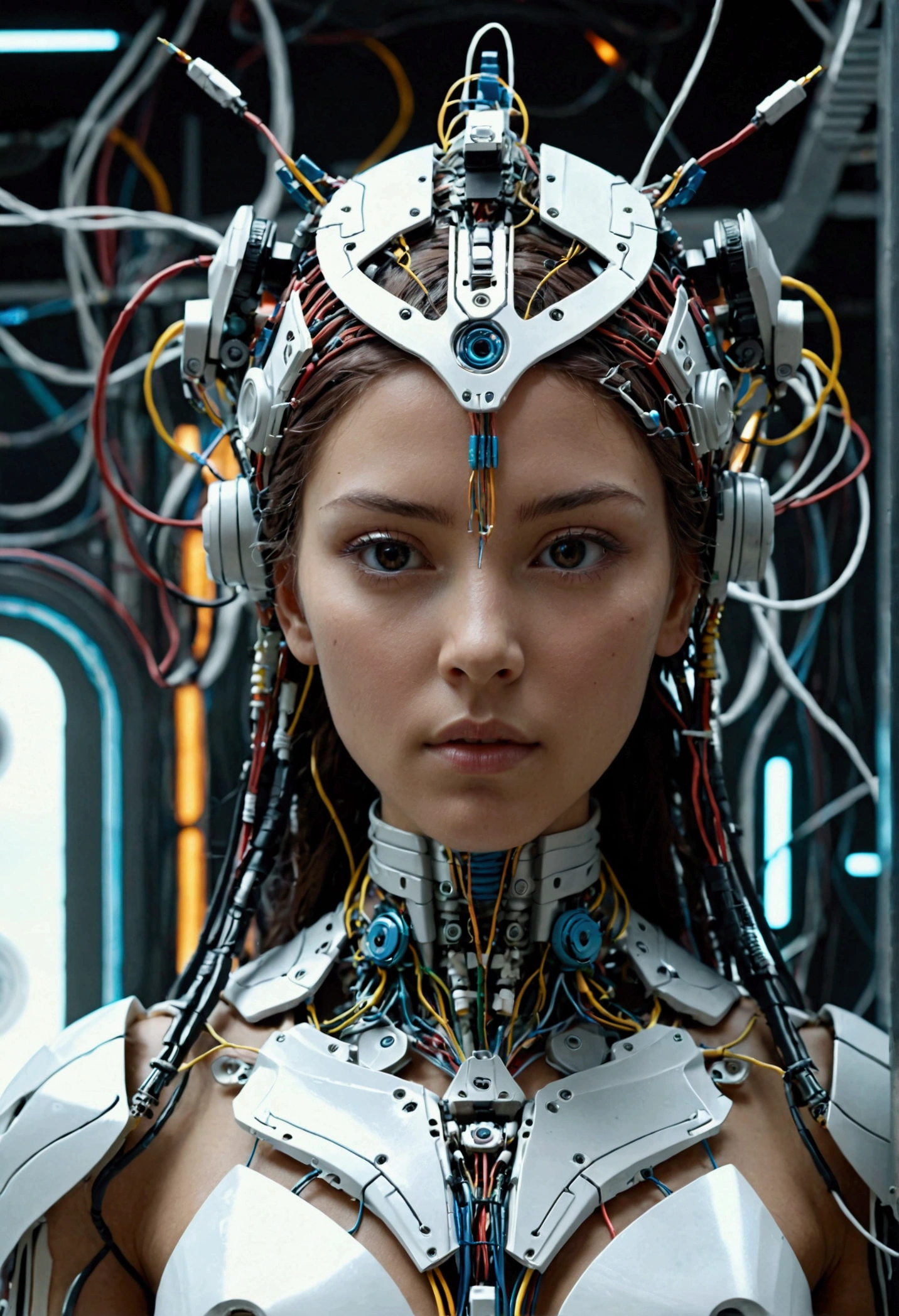 there is a woman with a headdress and a lot of wires, highly detailed vfx portrait of, symmetry! futuristic robotic, nekro, nilian animation studio, vadim voitekhovitch, extremely detailed goddess shot, 2015 cinematography, beautiful cyborg girl, jason engle, keyframe, anthropomorphic _ humanoid, futuristic suzuki --ar 16:9  