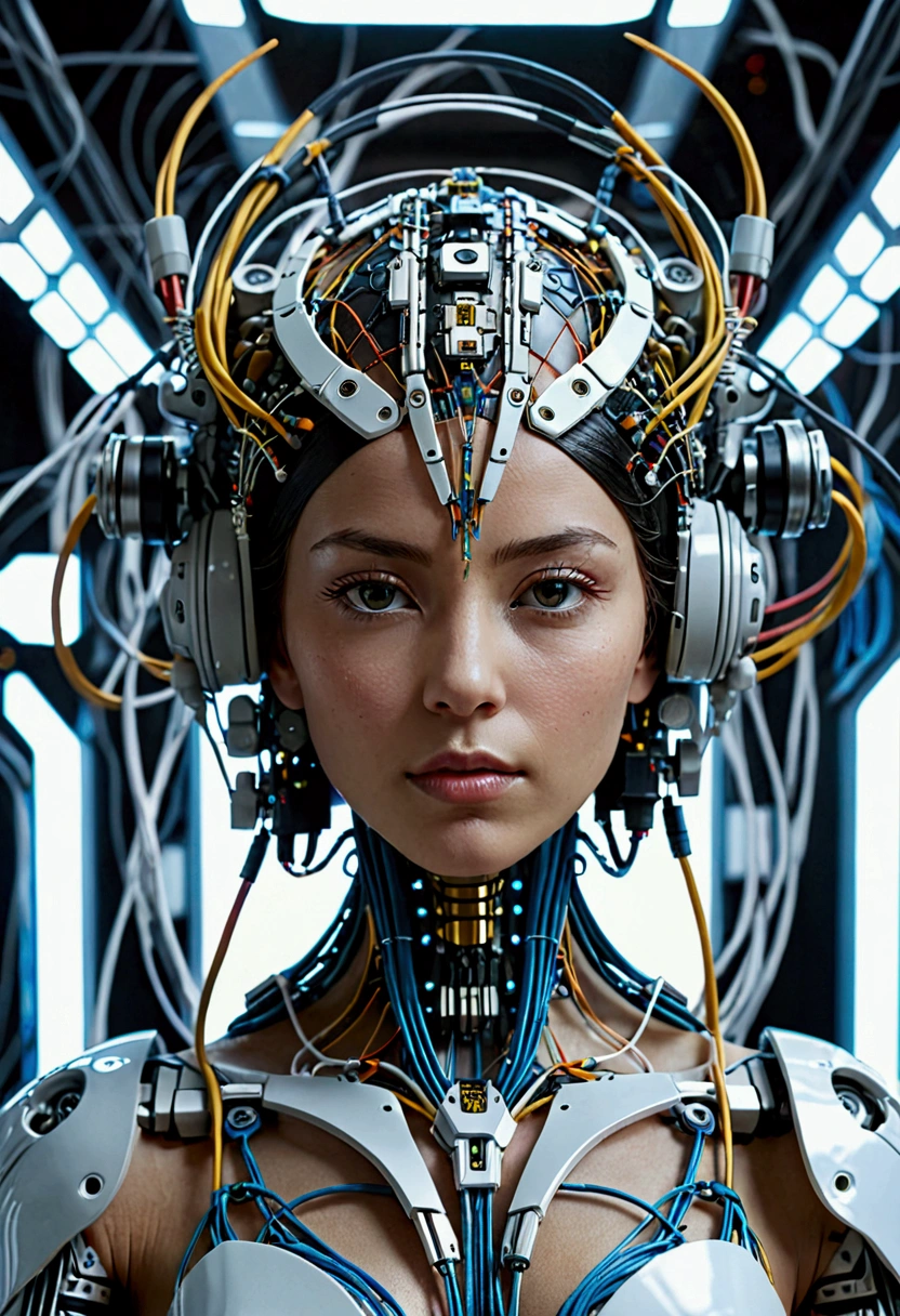 there is a woman with a headdress and a lot of wires, highly detailed vfx portrait of, symmetry! futuristic robotic, nekro, nilian animation studio, vadim voitekhovitch, extremely detailed goddess shot, 2015 cinematography, beautiful cyborg girl, jason engle, keyframe, anthropomorphic _ humanoid, futuristic suzuki --ar 16:9