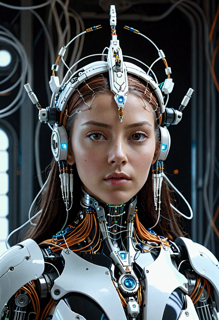 there is a woman with a headdress and a lot of wires, highly detailed vfx portrait of, symmetry! futuristic robotic, nekro, nilian animation studio, vadim voitekhovitch, extremely detailed goddess shot, 2015 cinematography, beautiful cyborg girl, jason engle, keyframe, anthropomorphic _ humanoid, futuristic suzuki --ar 16:9