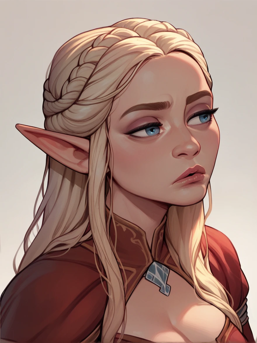 score_9, score_8_up,score_7_up, score_6_up, score_5_up, score_4_up, woman, best quality, highres, portrait, solo, beautiful, makeup, soft lips, daenerys (bored), large cleavage,  beautiful red dress, (((simple background))), thin elf ears, head up