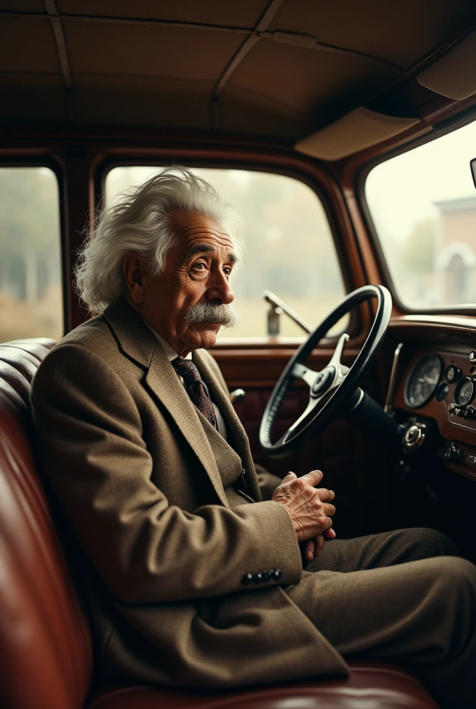 Albert Einstein sit in a car