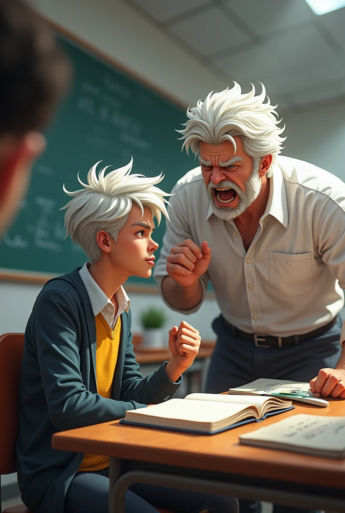 Teacher yelling at white haired male teenage student for sleeping in classroom