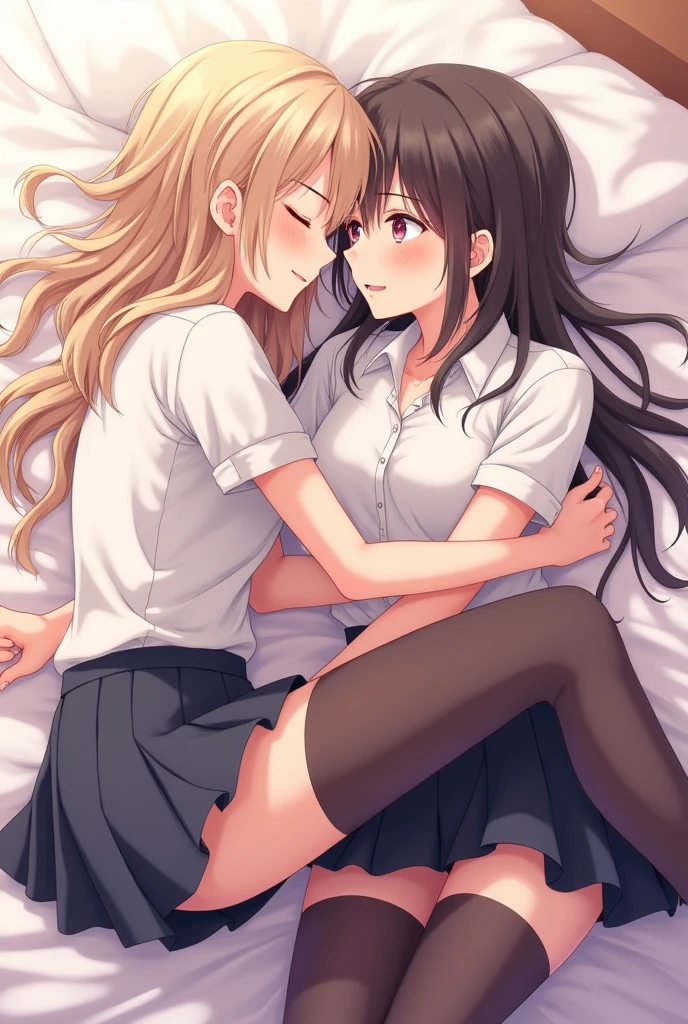 Two cute anime femboys in bed kissing and cuddling wearing femboy skirt school uniform and tights touching each other’s thighs laying