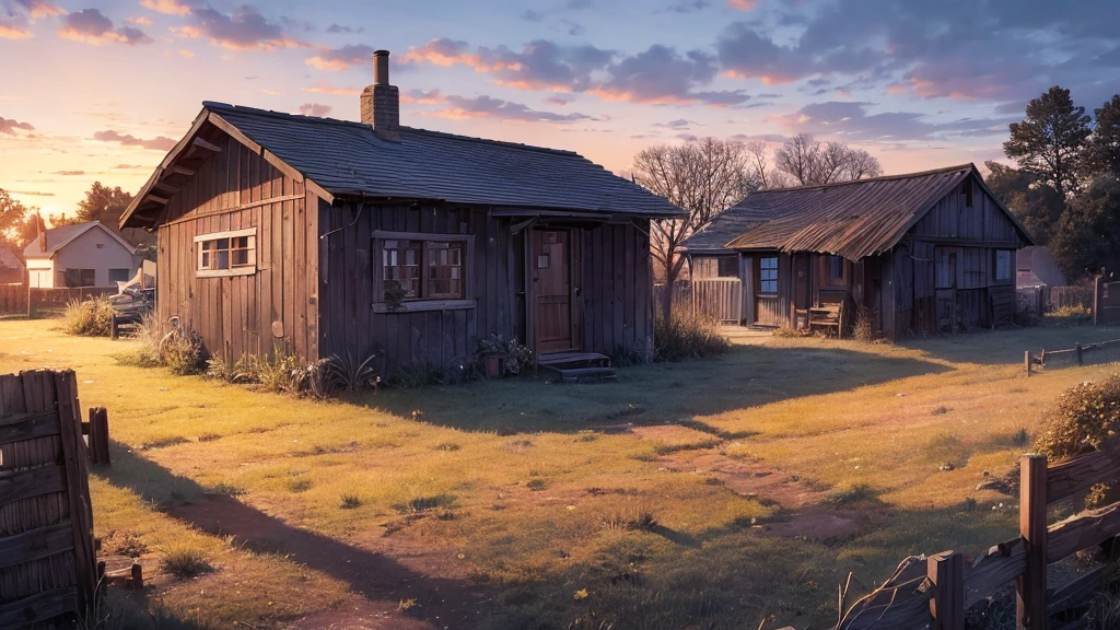 morning in the village, frost on the grass, a decrepit fence made of small slats, an old small house with a chimney, a very beautiful sunrise, professional photo, beautiful, realistic, 8k, high detail, high resolution