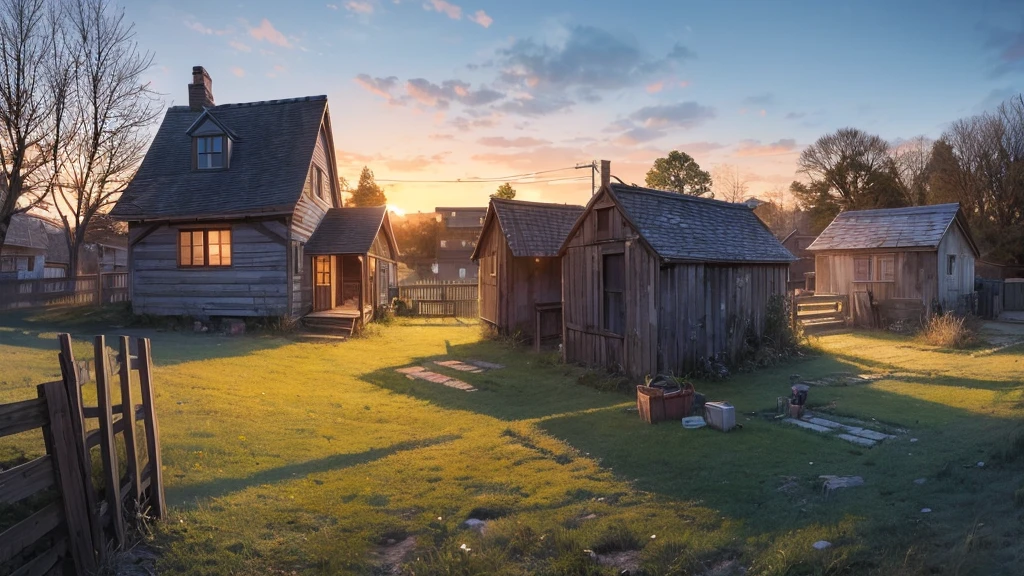 morning in the village, frost on the grass, a decrepit fence made of small slats, an old small house with a chimney, a very beautiful sunrise, professional photo, beautiful, realistic, 8k, high detail, high resolution