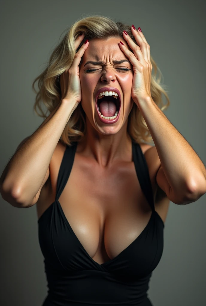 Beautiful blonde woman 40 years old with big breasts in a dress with a big neckline screams angry holds her head with her hands